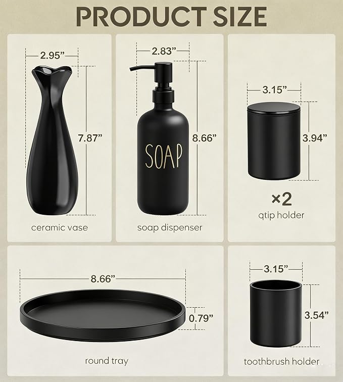 6Pcs Black Glass Bathroom Accessories Set with Tray, Bathroom Counter Set | Toothbrush Holder, Lotion Dispenser, Qtip Container, Vanity Tray, Tumbler- Elegant and Functional Décor Set