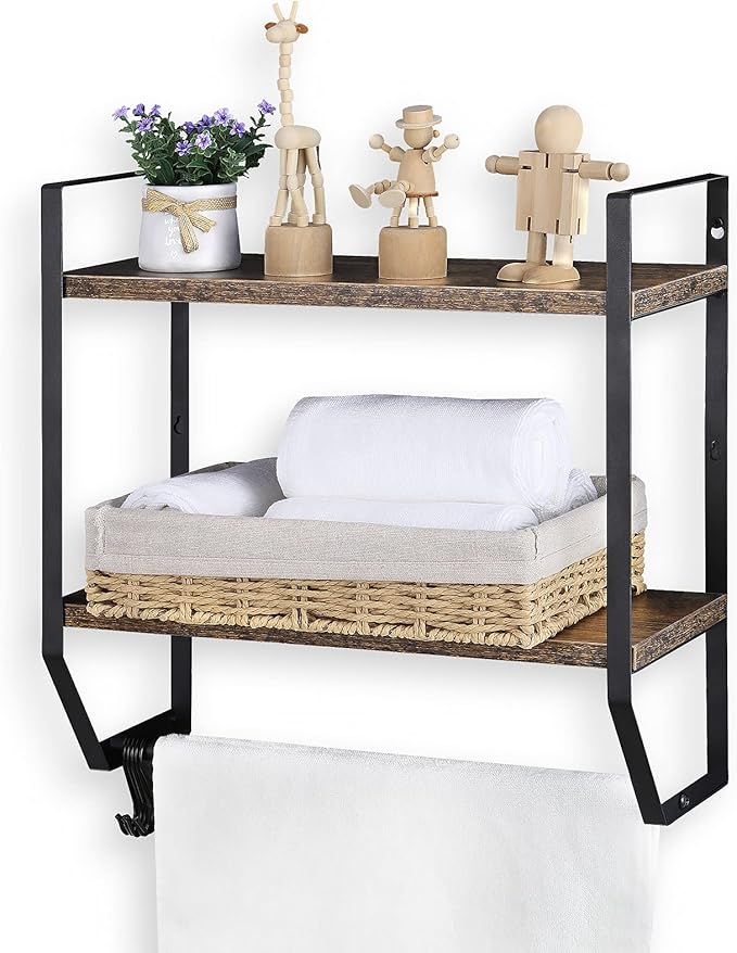 OYEAL Bathroom Shelf with Towel Bar Wall Mounted Towel Rack Rustic Towel Shelf for Bathroom with 5 Hooks, 2 Tier Shelf Storage Organizer for Living Room, Kitchen, Bedroom, Rustic Brown