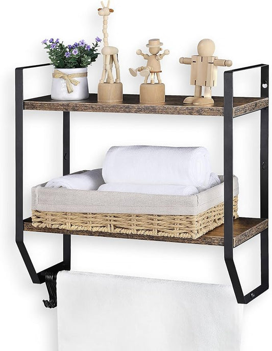 OYEAL Bathroom Shelf with Towel Bar Wall Mounted Towel Rack Rustic Towel Shelf for Bathroom with 5 Hooks, 2 Tier Shelf Storage Organizer for Living Room, Kitchen, Bedroom, Rustic Brown