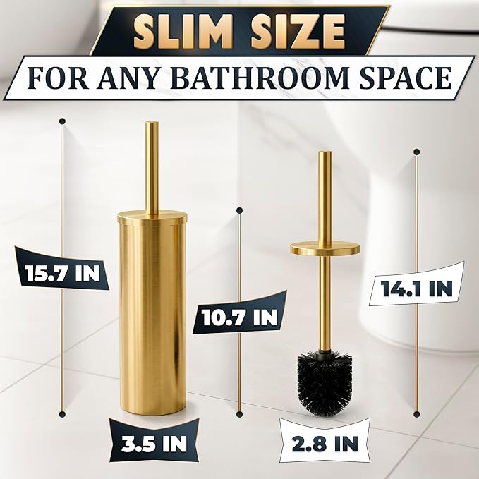 Gold Toilet Brush and Holder Set - Stainless Steel Gold Toilet Bowl Brush and Holder with Replaceable Head, Removable Inner Bowl, and Splash Guard - Dense Bristles for Thorough Cleaning