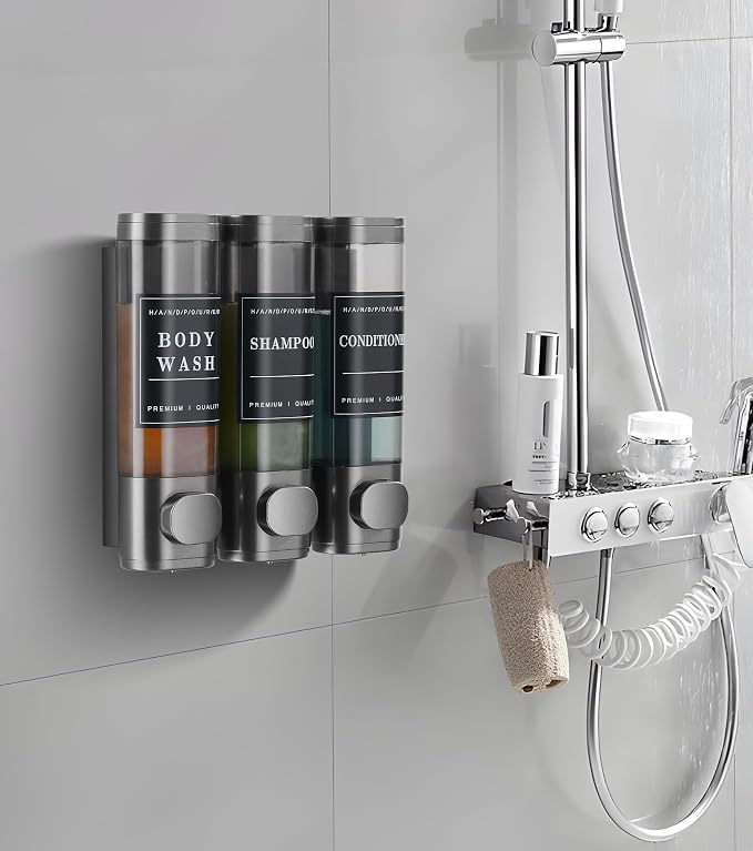 Cabo Deseado Shower Soap Dispenser Wall Mounted No Drill Shampoo Dispenser for Shower Wall Shampoo and Conditioner Dispenser Bathroom Hotel 3 * 350ml Gungray with Labels