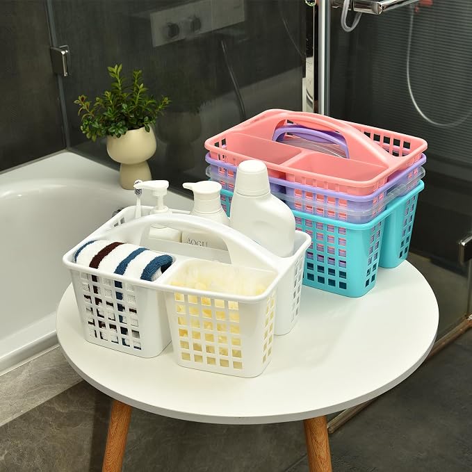 Haundry 3 Compartments Plastic Shower Caddy Basket, Portable Divided Cleaning Supply Storage Organizer with Handle (White)