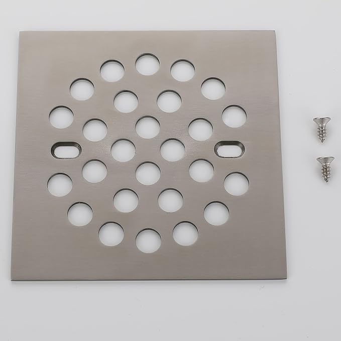 RRAJJ Square Improve 4-1/4 Inch(108mm*108mm) Screw-in Shower Floor Drain Grate Strainer (Brushed Nickel)