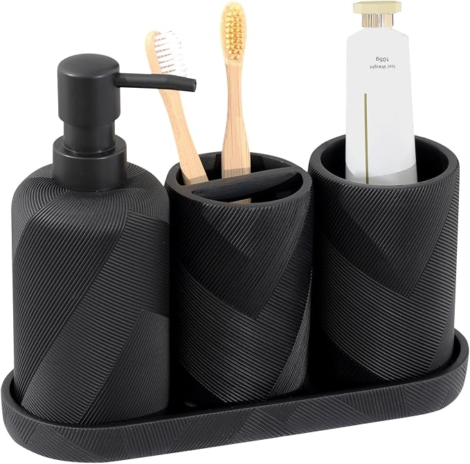 Bathroom Accessories Set, Bathroom Organizer Countertop, Matte Black, 4 PCS | Modern,Simple,Stripe, With 10OZ Soap Dispenser, Toothbrush Holder, Mouthwash Cup, Vanity Tray for Bathroom Home Hotel Office