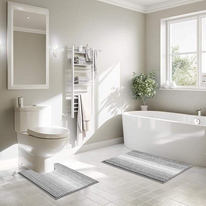 Bathroom Rugs Sets 2 Piece, 32"x20" + U-Shaped 24"x20", Gray | Ultra Soft Absorbent, Chenille Contour Toilet Rug, Non Slip Striped, Quick Dry Machine Washable, Shower Rug for Bathroom