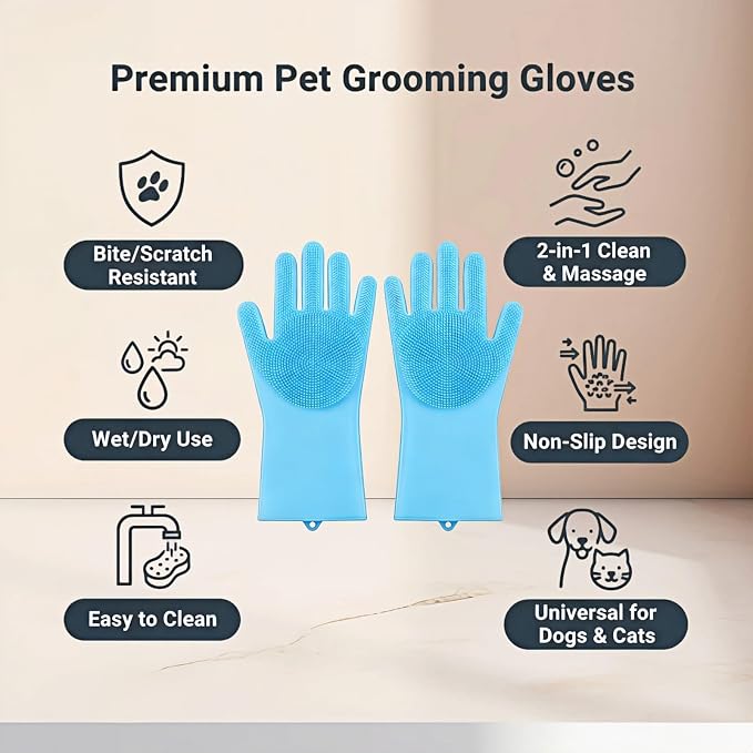Silicone Dog Grooming Glove for Dogs and Cats, Enhanced Five-Finger Fit, Non-Slip & Extended Cuff, Dual-Sided Pet Bath Brush for Washing, Massage & Deep Cleaning 1 Pair (Blue)