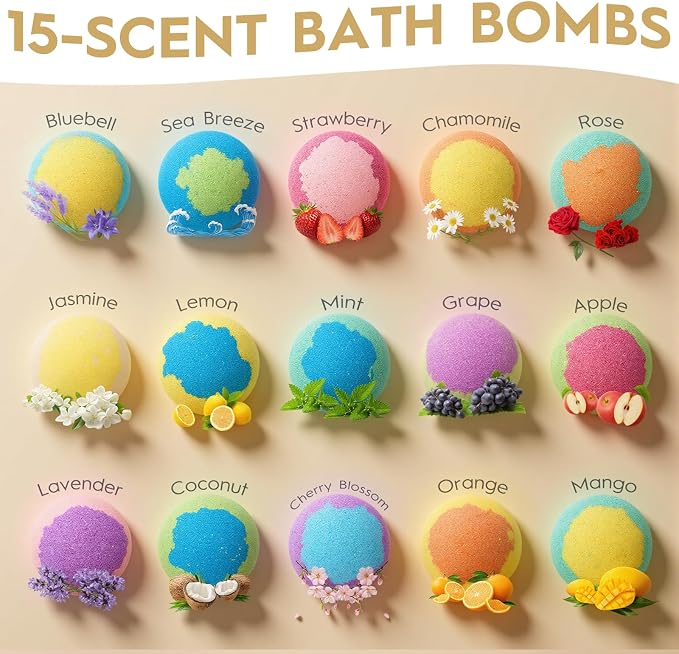 15 Pack Bath Bombs Gift Set for Women - 15 Unique Scents & Colors, Organic Handmade Bubble Bath Balls with Essential Oils & Shea Butter, Relaxing Spa Fizzies, Birthday Gifts for Mom Wife