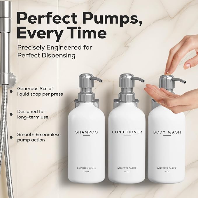 Luxury Shampoo and Conditioner Dispenser Set Wall Mounted by Brighter Barns - Refillable Shampoo Dispenser for Shower Wall - Shower Bottles 3 Chamber No Drill for Guest Bathroom, Airbnb, Hotel (White)
