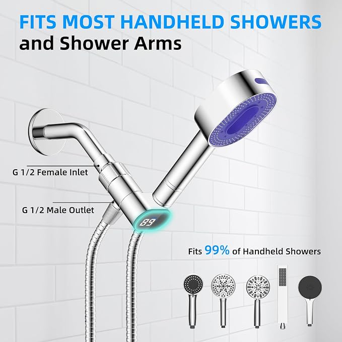 Hibbent Upgraded Metal Shower Head Holder with LED Display Shower Thermometer, Adjustable Shower Arm Mount for Handheld Shower Head, Universal Shower Head Bracket, Solid Brass Pivot Ball, Chrome