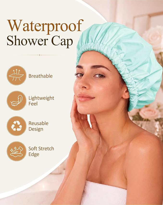 Edoneery Shower Caps for Women Reusable Waterproof, Shower Hair Cap | Washable Bonnet, Wide Elastic Band, Large Fit, Holds Long Hair, Braids Friendly, Bath Accessories, Spa, Travel