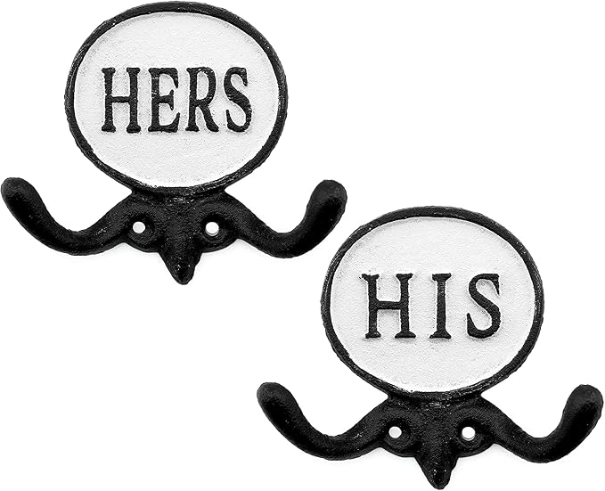 AuldHome Design His and Hers Towel Hooks (Set of 2); Cast Iron Rustic Farmhouse Decor Door Wall Hangers
