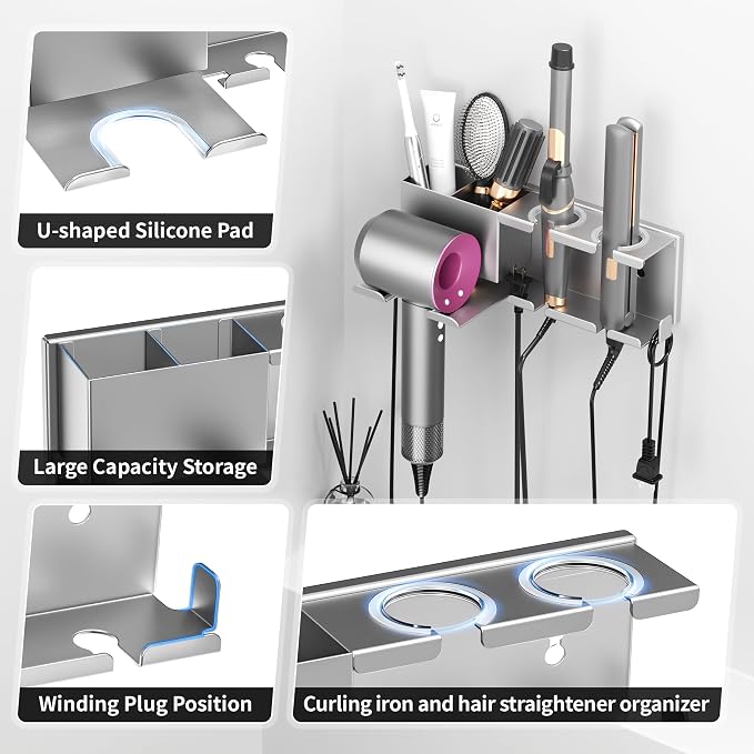 Hair Dryer Holder, Hair Tool Organizer, Blow Dryer Hanger Wall Mount for Dryer Hook, Bathroom Space-Saving Blow Dryer Organizer, Curling Irons Storage Wall Mounted (Gray)
