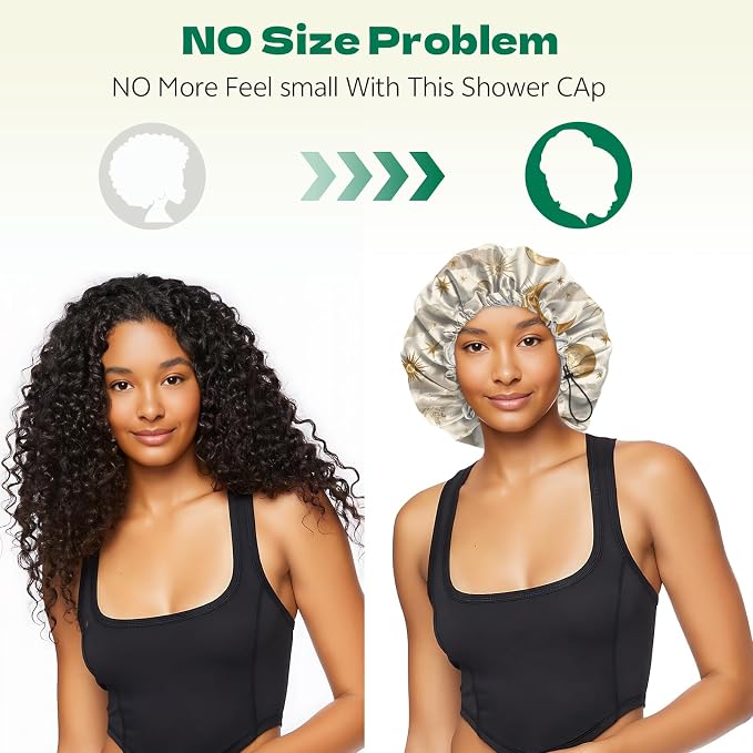 2 PCS Shower Cap Waterproof Double Layer Elastic Adjustable Reusable Hair Bath Caps for Girls Women Cute Aesthetic-Golden Black