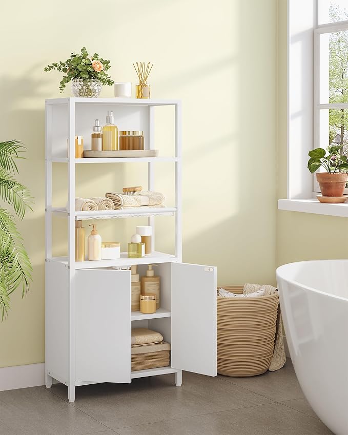 Hzuaneri Storage Bathroom Cabinet, Bathroom Floor Cabinet with Doors and Open Adjustable Shelf, Small Cabinets with Ventilated Metal Grid, Freestanding Storage Cabinets, White 7.9"D x 15"W x 35.5"H