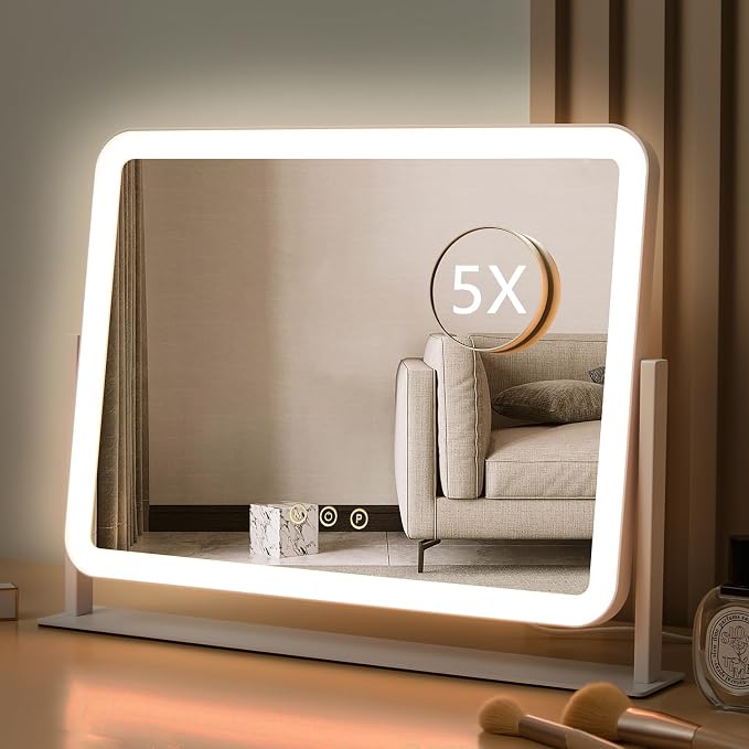HIEEY Vanity Mirror with Lights, 17.4" x 13.5" Lighted Makeup Mirror, Three Color Lighting Modes, and 5X Magnification Mirror, Smart Touch Control, 360°Rotation (White,Gift Box)