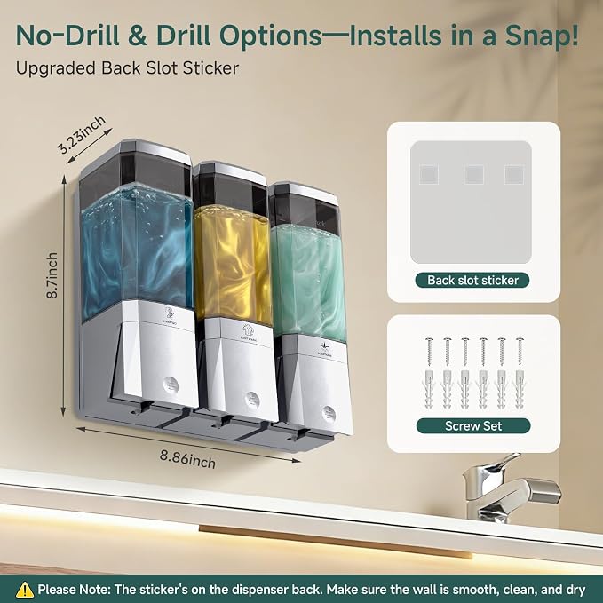 Shampoo and Conditioner Dispenser Wall Mounted No Drill, Shower Soap Dispenser 3 Chamber Shampoo Conditioner Body Wash Refillable 3 * 17oz Shower Soap Dispenser for Bathroom Hotel, Silver+Smoke Gray
