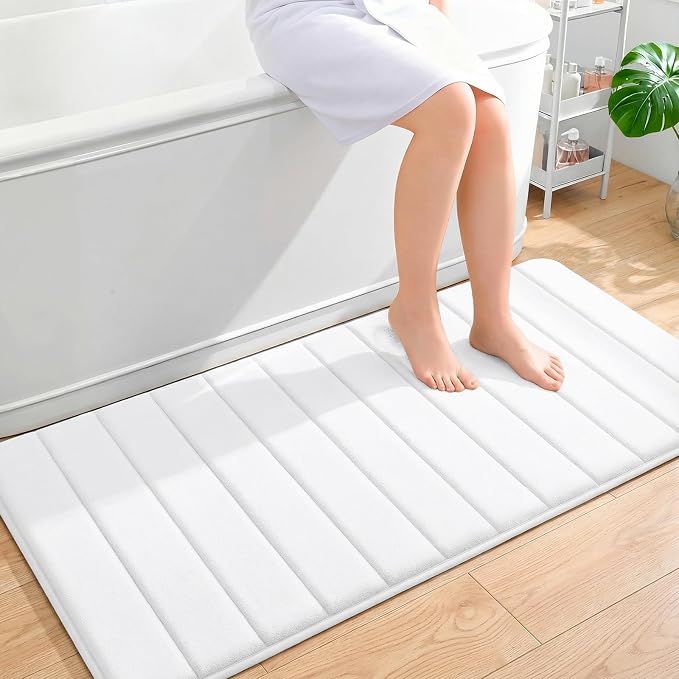 OLANLY Memory Foam Long Bathroom Rugs Runner 47x24, Super Soft Absorbent | White, Quick Dry Bath Mat, Machine Washable Shower Floor Rugs, Bathmat Carpet for Bathroom Floor, Tub and Shower