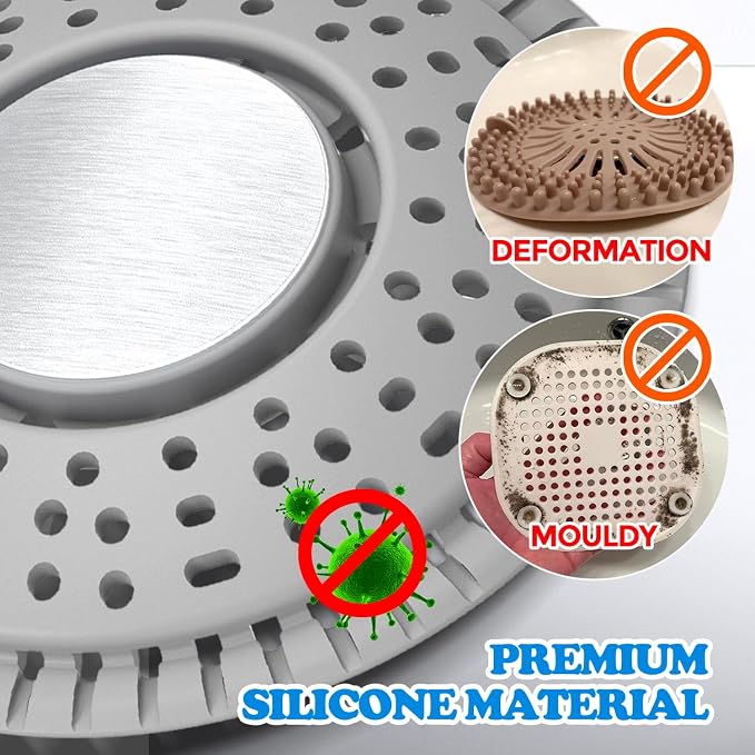 Shower Drain Hair Catcher Silicone Flat Floor Strainer Protector | 2 Pack Gray Weighted Flat Shower Drain Protectors, Traps Hair Before Clogs, Easy to Clean in Seconds, Fits Flat Floor Drains