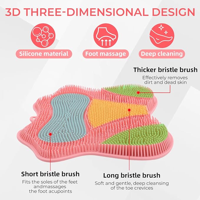 Silicone Foot Scrubber Mat for Shower Bath Foot and Back, Shower Feet Brush Pad with Wall-Mounted Suction Cups (Pink)