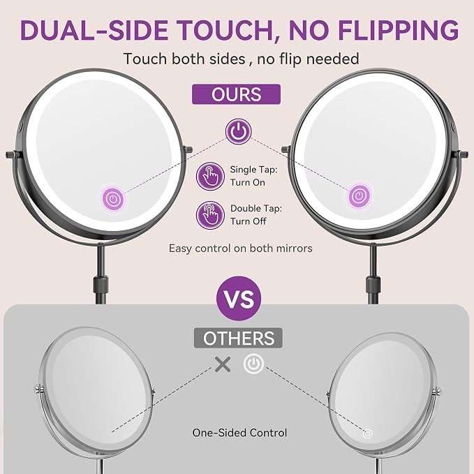 Auxmir 9" 5000mAh Magnifying Mirror, 1X/30X Lighted Makeup Mirror, Black | Rechargeable Battery, 3 Dimmable Colors, 14.9‑18.5" Adjustable Height, 360° Rotation, Stable Base, 30X Magnification