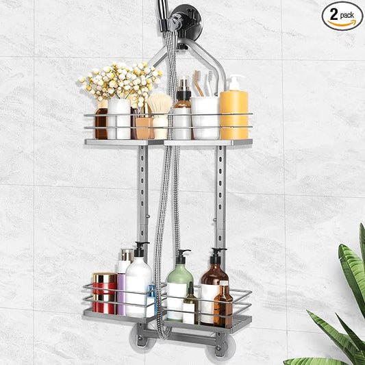 Shower Caddy Hanging for Handheld Showerheads Adjustable Hagging Shower Caddy, Stainless Steel Hose Hanging Shower Organizer 4 Levels Height Shower Rack (Sliver)