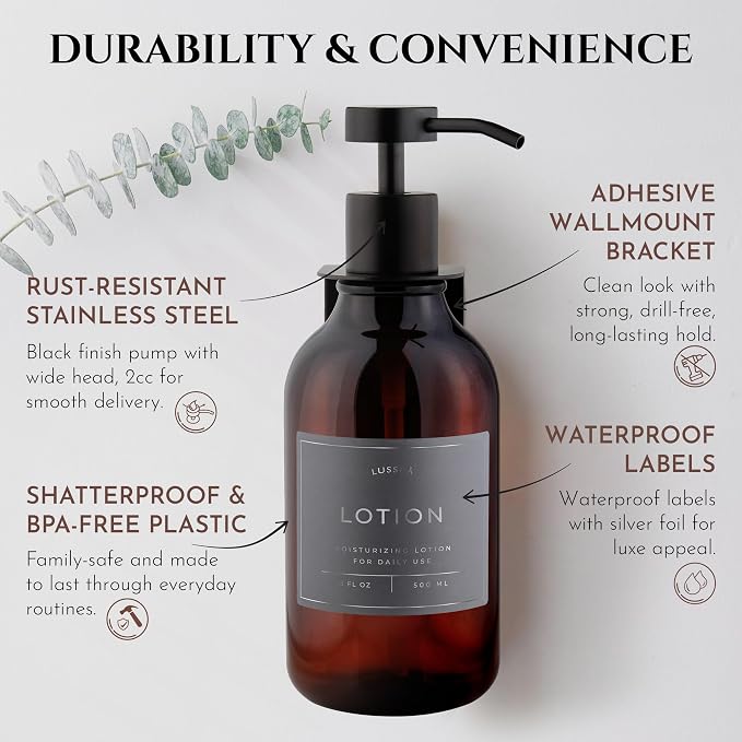 Shower Shampoo Dispenser Wall Mounted – 3 Refillable 16.9 oz Amber Bottles with Stainless Steel Pumps & No-Drill Adhesive Holders – Soap Dispenser Set for Bathroom (3 X Amber/Black)