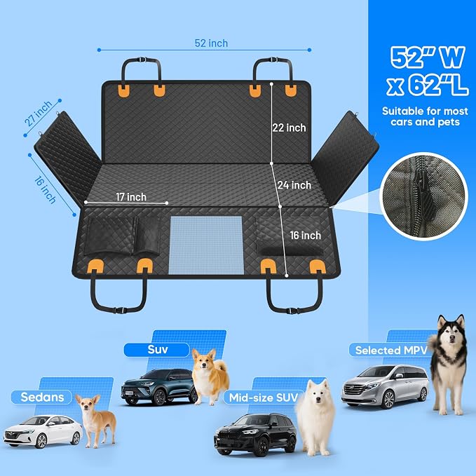 Dog Car Seat Cover for Back Seat, Hard Bottom Hammock Hold 400lbs For Cars | Waterproof,Anti-Scratch,Safety Non-Slip,600D Oxford,Mesh Window,Storage Pocket