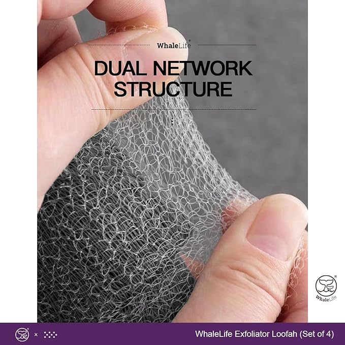 Loofah Sponge Bath Sponge for Women Men 4 Pack (Black Rough Surface) | 10X Suds Save Body Wash Double Knotted Anti Tear Core Fast Dry Cotton Loop Stay Fresh Large Mesh for Sensitive Skin