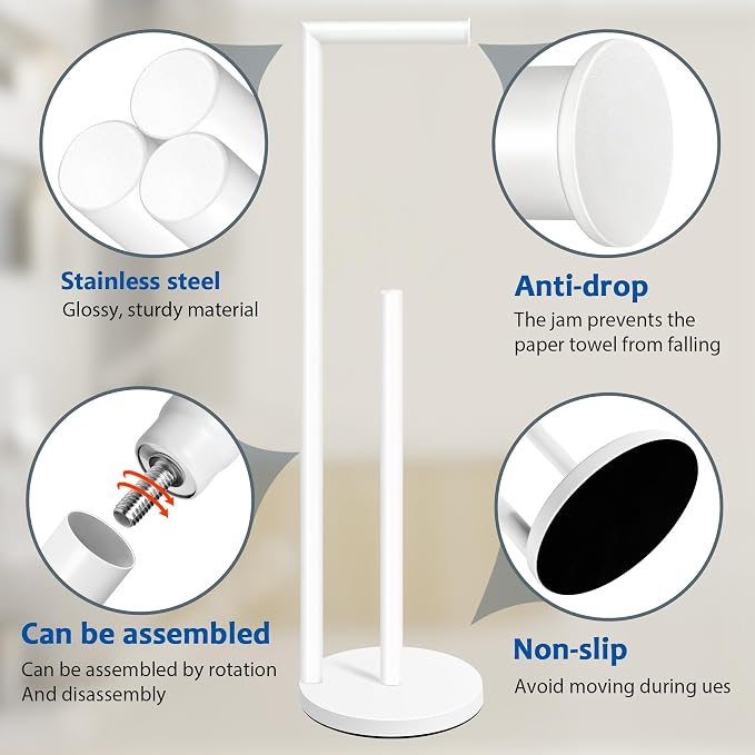 Toilet Paper Holder Stand, Bathroom Free Standing with Storage, White | Rustproof Toilet Paper Roll Holder for 4 Rolls,with Non-Slip Stable Base,Bathroom Organizers and Storage