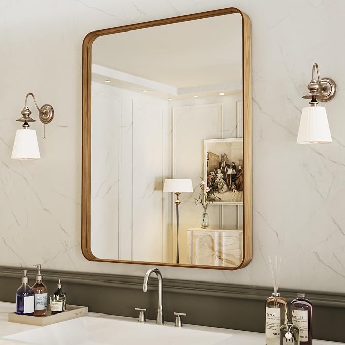 LOAAO 20X30 Inch Bathroom Mirror with Wood Grain Colored Metal Frame | Rounded Rectangle Metal Framed, Anti-Rust, Hangs Horizontally or Vertically, Tempered Glass