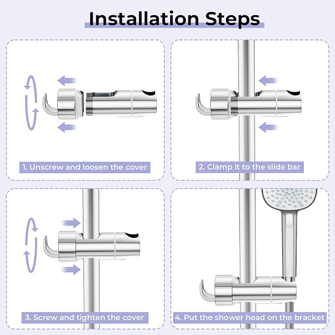 Adjustable Shower Head Holder with 2 Hooks, Universal Shower Holder Bracket for 16-27mm Slide Rod, Chrome Plated Shower Slider Rail Clamp Shower Holder Replacement, Easy Installation