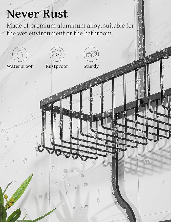 Never Rust Shower Caddy Hanging, Aluminum Shower Racks for Inside Shower, 3-Tier Shower Organizer Hanging Over Shower Head with Hooks and Soap Holder, Black