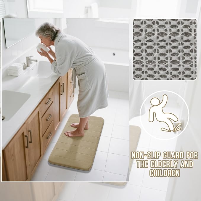 Yimobra Large Bath Mat Set 2 Piece- Super Soft Absorbent Quick Dry Memory Foam Bathroom Rugs, Machine Washable Non Slip Floor Carpet for Tub Shower & Double Vanity (17x24 & 44x24, Pale Khaki)