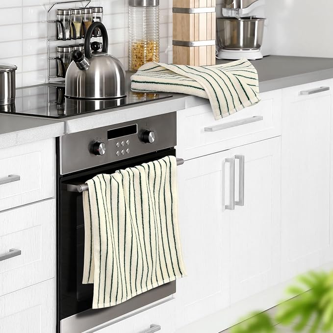 Jacquotha Green Striped Hand Towels for Kitchen, Vintage Bathroom Decor | Natural Cotton Tea Towel, 14” x 29”