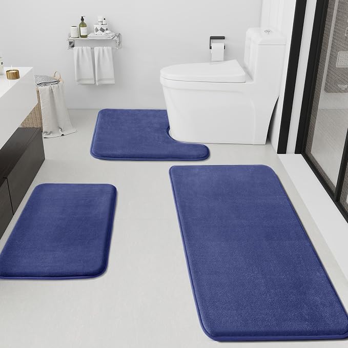 Bathroom Rugs Sets 3 Piece, Non-Slip & Quick Dry Bath Mat Set, Ultra Soft Velvet Bath Rugs for Bathroom, Toilet and Shower Floor, Royal Blue