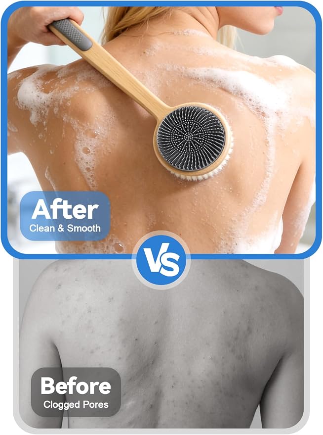 Kalolary Silicone Double-Sided Body Brush with Long Handle, Back Scrubber for Shower Super-Dense Bristles for Deep Cleaning and Massage, Wider Anti-Slip Grip Exfoliator for Wet or Dry Use
