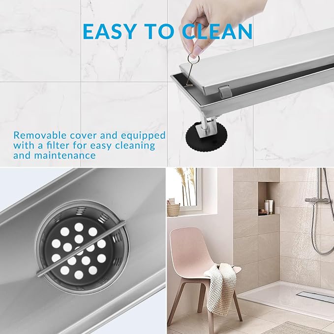 32 Inch Linear Shower Drain Silver Floor Drain for Bathroom Kitchen Rectangular 2 in 1 Floor Drain Tile Insert Cover 304 Stainless Steel Easy Install with Hair Strainer, Adjustable Leveling Feet