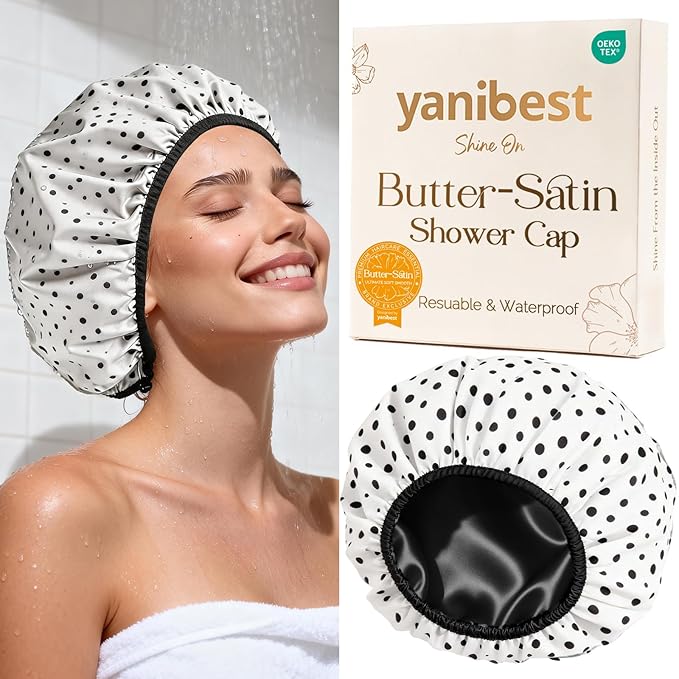 Yanibest Frizz Free Satin Lined Shower Cap with Soft Elastic Band | Frizz Free & Large Durable Bath Cap with Soft Elastic Band, Luxury Hair Protection Caps, Nylon Shower Hair Cap
