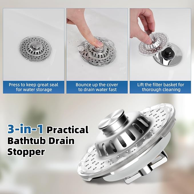 Universal Bathtub Drain Stopper, Metal Top Strainer Hair Catcher, Chrome | Shower Drain Tub Stopper with Stainless Steel Visible Filter Basket, Upgraded 3 in 1 Pop-up Drain Plug for 1.5 to 2.4" Hole