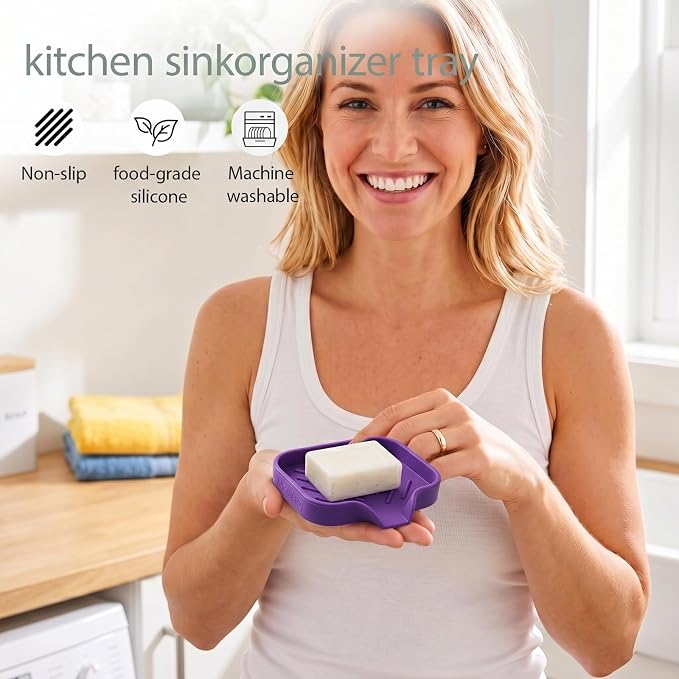 MicoYang Silicone Soap Dish with Drain Spout, Self-Draining Sink Organizer Tray for Bathroom and Kitchen, Sponges, Dispensers and Soap Holder, Non-Slip and Dishwasher Safe, Purple (Compact, 4.9"×3.2")