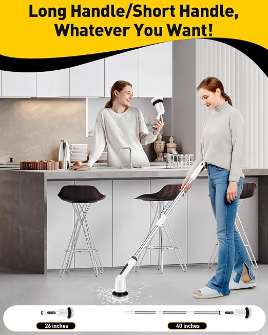 Electric Spin Scrubber for Bathroom, Shower Scrubber with Long Handle | Shower Cleaner Brushes, IPX7 Waterproof & 2 Speed, 3 Brush Heads, 90min Runtime, Bathroom Cleaning Supplies for Toilet Tub