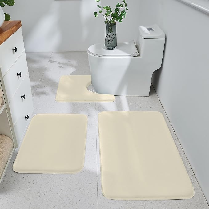 HUXMEYSON 3-Piece Memory Foam Bathroom Rug Set, Ivory | Quick Dry Velvet Surface, Non-Slip & PVC Backing, Ultra Soft Bath Rugs for Bathroom, 17"x24"+20"x32"+U Shape 20"x24"