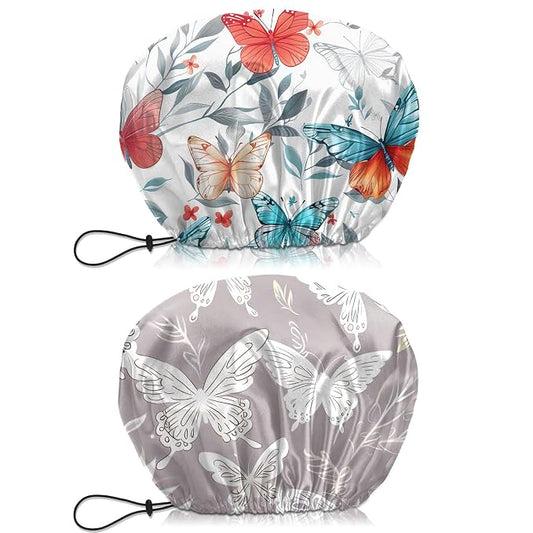 2 PCS Shower Cap Waterproof Double Layer Elastic Adjustable Reusable Hair Bath Caps for Girls Women Cute Aesthetic-White