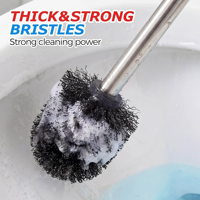 FORASTO 3in1 Stainless Steel Toilet Plunger and Brush Set - Bathroom Tools | 21" Extended, Gap Brush Combo, Restroom Decor Accessories, Apartment Must Haves, Home Essentials for New Home