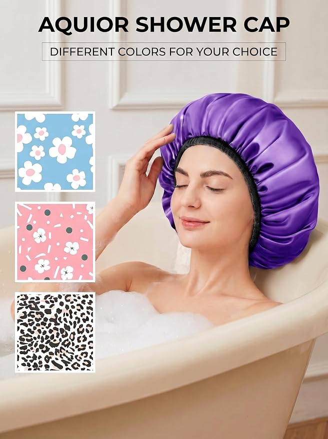 Aquior Shower Cap,Extra Large Triple Layer Bathing Cap with Dry Hair Function for Women Microfiber Terry Cloth Silky Satin 100% Waterproof Reusable Long Hair Bath Caps (Purple)