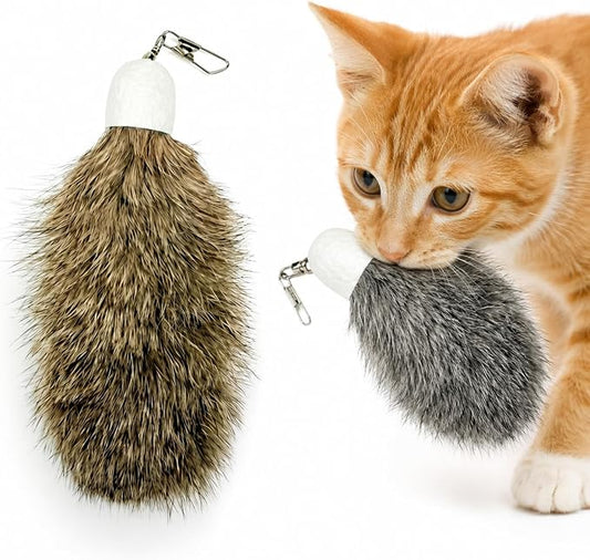 2 Pack Natural Rabbit Fur Cat Toy Refills – Silent Interactive Cat Toys for Indoor Cats, Handmade Replacement Heads with Secure Connector for Cat Wand Toys
