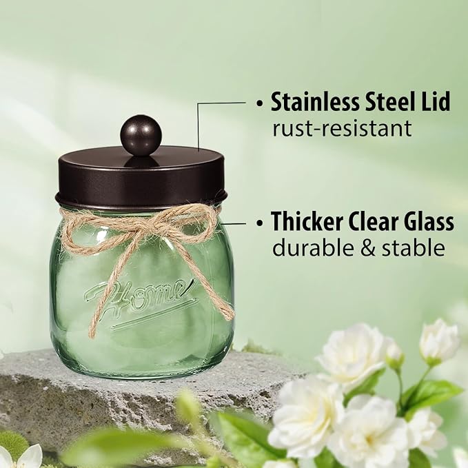 SheeChung 2 Pack Green Glass Mason Jar Qtip Holder Dispenser, Bronze Lids | Apothecary Jar Canisters Set,Stainless Steel Lids,Small Bathroom Jars,Vanity Storage Organizer for Cotton Swab,Ball,Pad,Floss