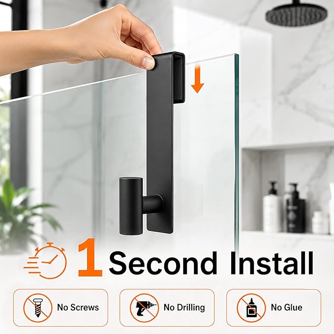 Shower Door Hooks, Over The Glass Shower Towel Hook, Black, 2 Pack | Stainless Steel, Heavy Duty, Easy Installtion, Slim Design, Soft Padding, Towel Hooks For Glass Shower Door