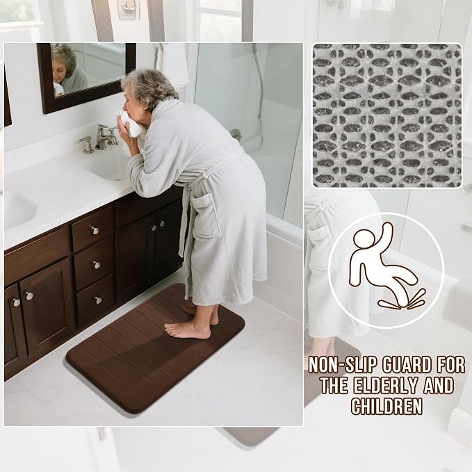 Yimobra Memory Foam Bath Mat Set 3 Pieces- Super Soft Absorbent Quick Dry Bathroom Rug Sets, Machine Washable Non Slip Floor Carpet for Tub Shower, Vanity & Toilet Base, Brown
