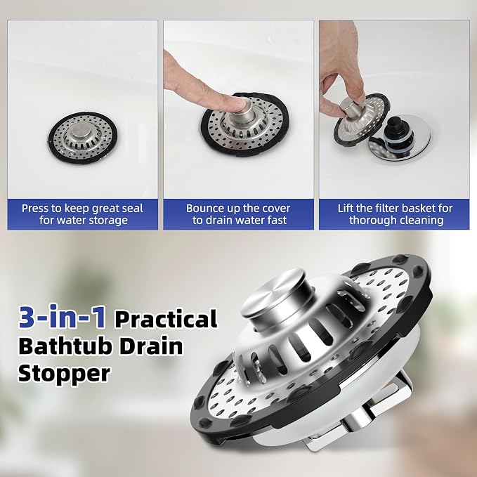 Universal Bathtub Drain Stopper Metal Hair Catcher, Top Strainer, Chrome | Shower Drain Tub Stopper with Stainless Steel Visible Filter Basket, Upgraded 3 in 1 Pop-up Drain Plug for 1.5 to 2.4" Hole